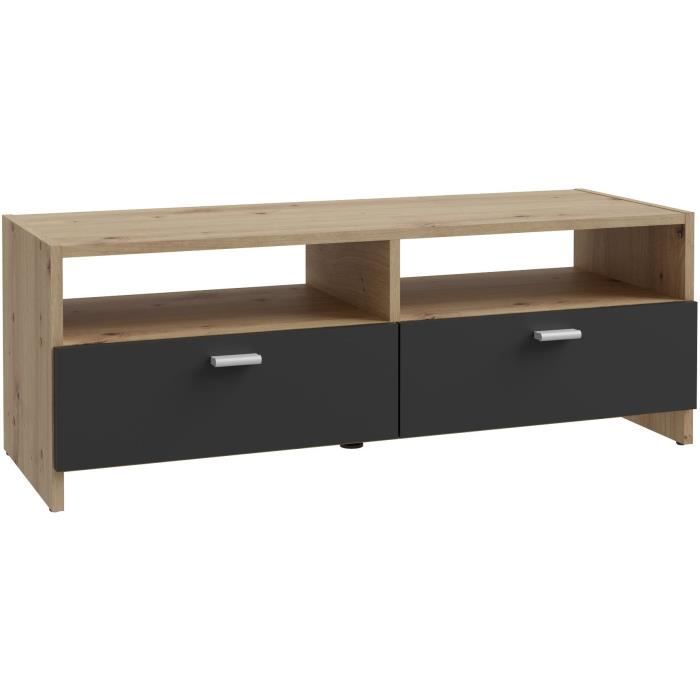 PILVI TV cabinet - Contemporary style - Oak and Black decor - 2 flaps + 2 niches - L 95 x D 36 x H 34.5 cm
