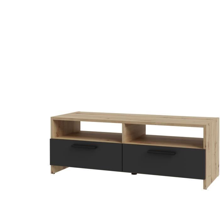 PILVI TV cabinet - Contemporary style - Oak and Black decor - 2 flaps + 2 niches - L 95 x D 36 x H 34.5 cm