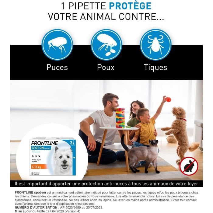 FRONTLINE 3 SPOT ON Antiparasitic Pipettes for Dogs - 2 to 10 kg - Fleas, ticks, lice