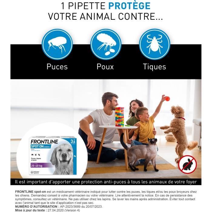 FRONTLINE 3 SPOT ON Antiparasitic Pipettes for Dogs - 20-40 kg - Fleas, ticks, lice