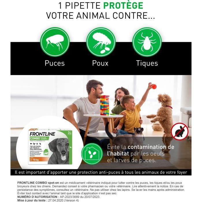 FRONTLINE 3 COMBO Antiparasitic Pipettes for Dogs - 2 to 10 kg - Fleas, ticks, chewing lice