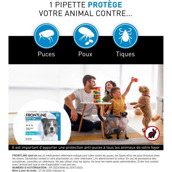 FRONTLINE 3 SPOT ON Antiparasitic Pipettes for Dogs - 10 to 20 kg - Fleas, ticks, lice