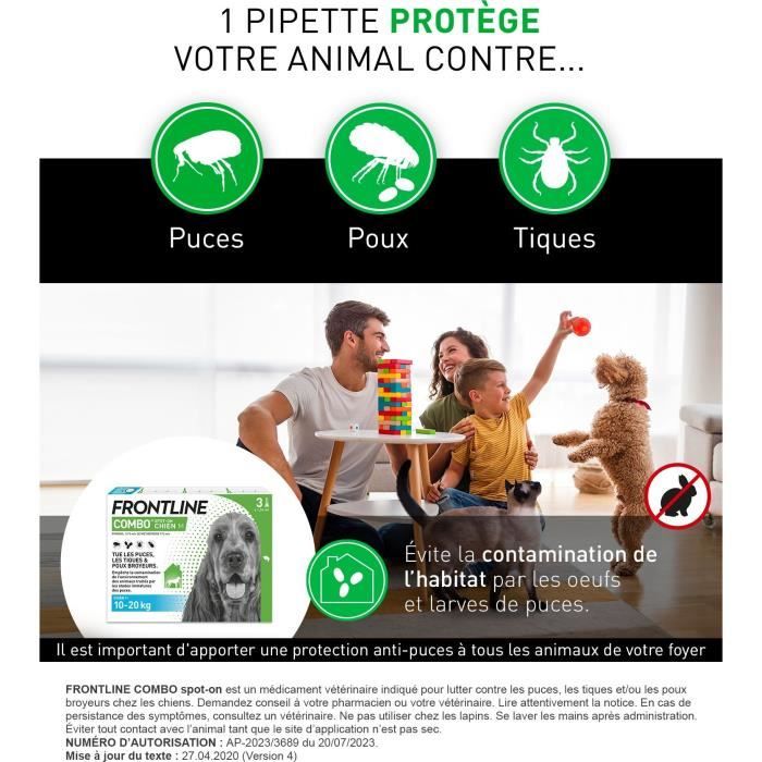 FRONTLINE 3 Antiparasitic pipettes COMBO Dog - 10 to 20 kg - Fleas, ticks, chewing lice