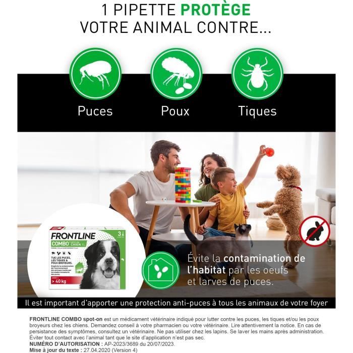 FRONTLINE 3 Antiparasitic pipettes COMBO Dog > 40 kg - Fleas, ticks, chewing lice