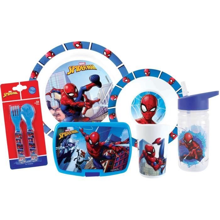 Tableware set - FUN HOUSE - SPIDERMAN - Glass, plate Ø22 cm and Ø16 cm, cutlery, water bottle and snack box