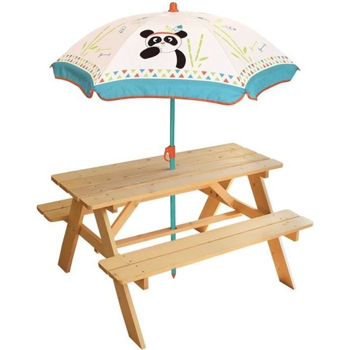 FUN HOUSE 713144 INDIAN PANDA Wooden picnic table with parasol for children