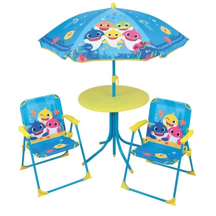FUN HOUSE Baby Shark Garden furniture - 1 table H.46xø46 cm, 2 chairs H.53xW.38.5xD.37.5 cm and 1 parasol H.125 x ø100 cm