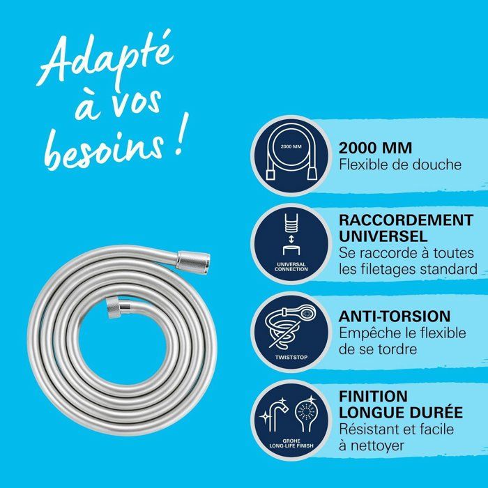 Shower hose - GROHE VitalioFlex 27507001 - 2m - Anti-kink - Anti-twist - Universal connection - Smooth surface - Chrome