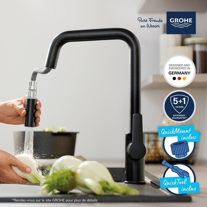 Kitchen faucet - Single-lever sink mixer - Matte black - High U-shaped spout - Pull-out spray - GROHE Start - 306312430