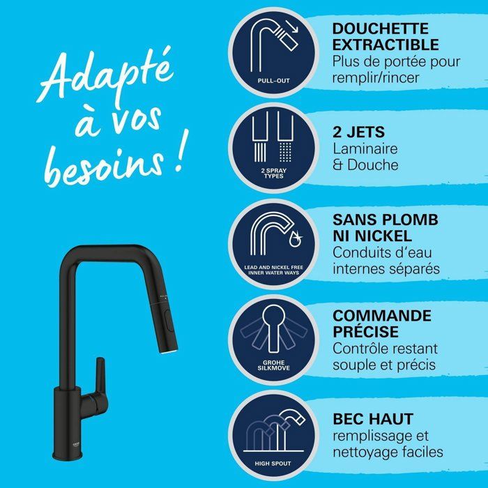 Kitchen faucet - Single-lever sink mixer - Matte black - High U-shaped spout - Pull-out spray - GROHE Start - 306312430