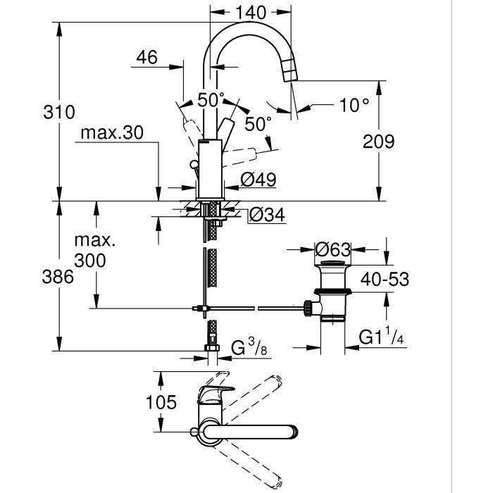 Bathroom faucet - GROHE Start Flow - Single lever mixer - Size L - Chrome - Water saving - 23811000
