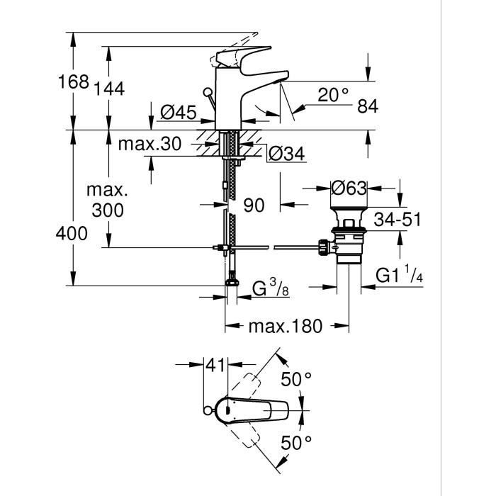 Bathroom faucet - GROHE Start Flow - Single lever mixer - Size S - Chrome - Water saving - 23809000