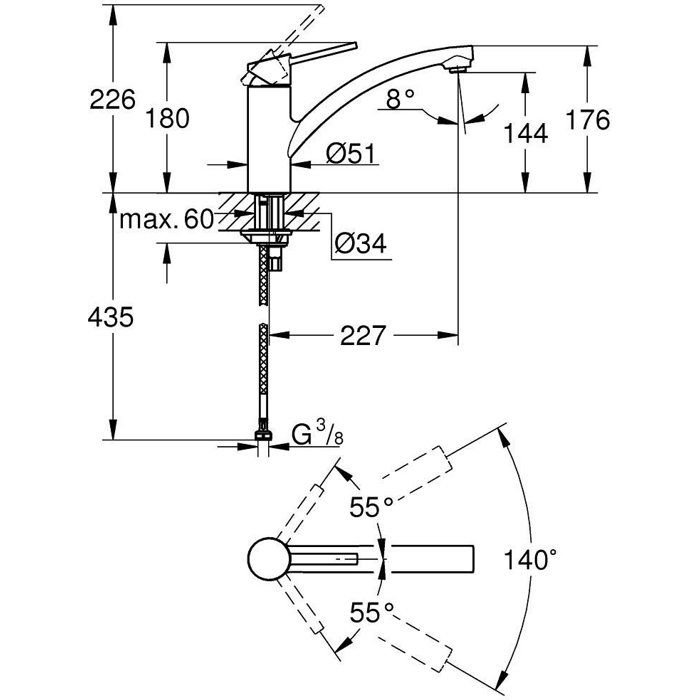 GROHE TAP STEM SWIFT KITCHEN, MONOCMAND MIXER WITH EC ECONIVED WATER MOUSTER, ROTATION AT 140 °, 30358000
