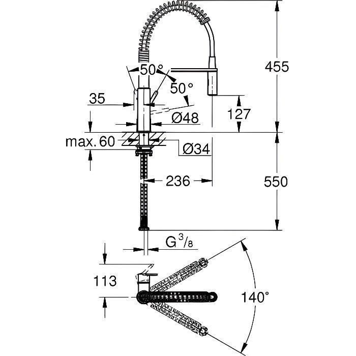 GROHE TAP Kitchen Sink GET, Mixer Monocomande 2 Jets, Tap with Professional Extractable Shower, 30361000