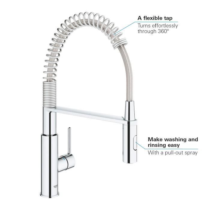 GROHE TAP Kitchen Sink GET, Mixer Monocomande 2 Jets, Tap with Professional Extractable Shower, 30361000