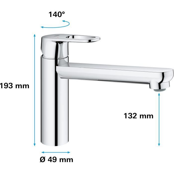 GROHE FAUXT STORT FLOW Kitchen Sink, Monocomina mixer with economical water mousseur, 140 ° rotation, chrome, 31691000
