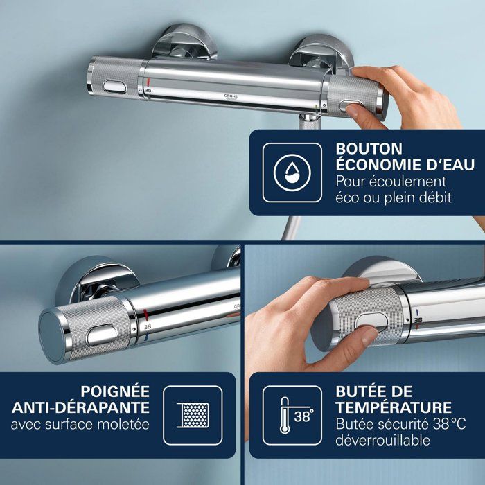 Grohe thermostatic mixer shower precision feel, wall mounting, temperature indicator, integrated filters, chrome, 34788000