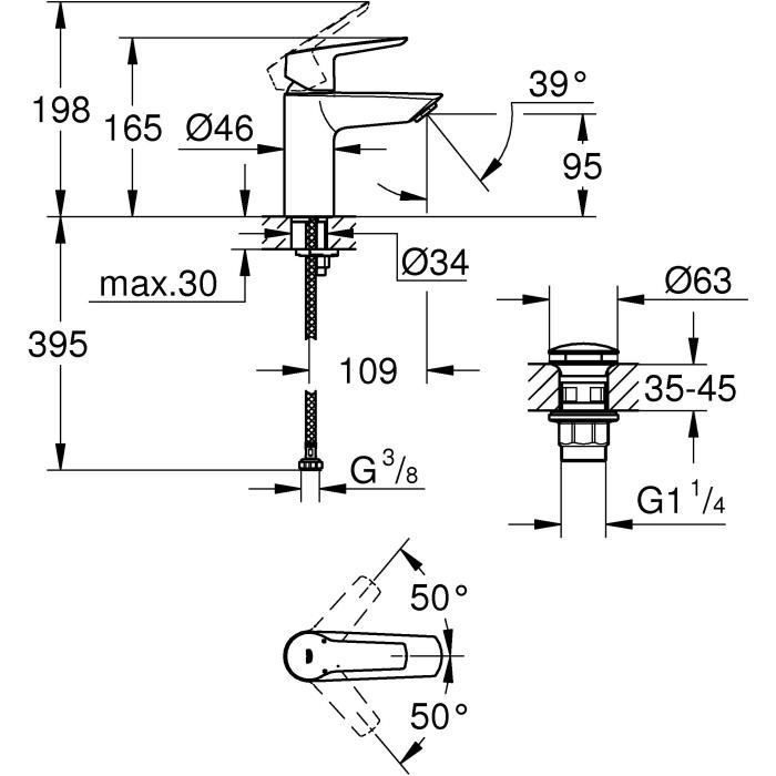 Grohe Quickfix Mixer Monocomande Lavabo Start, Size S, temperature limiter, 23550002