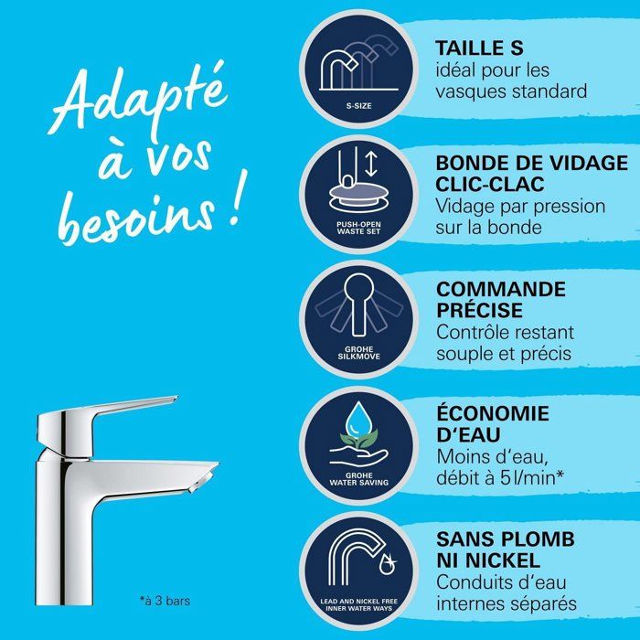 Grohe Quickfix Mixer Monocomande Lavabo Start, Size S, temperature limiter, 23550002