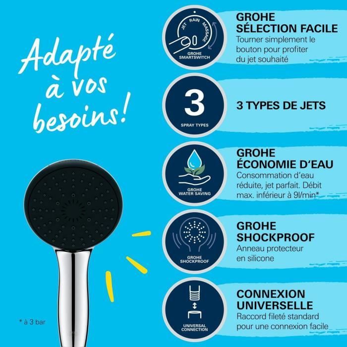 Shower head - GROHE Vitalio Start 110 26031001 - 3 jets (Rain/Stimulating/Massage) - Easy selection - Water saving - Chrome