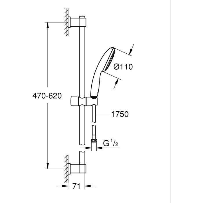 Shower set with 1 jet shower head, 60cm bar and 1.75m flexible hose - GROHE Vitalio Start 110 27942001 - Water saving - Chrome
