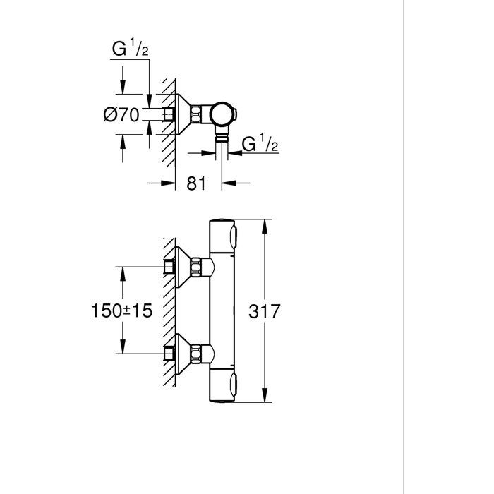 Grohe thermostatic mixer shower Precision Flow, Wall mounting, anti-cross protection, 1/2 threaded connection, chrome, 34840000