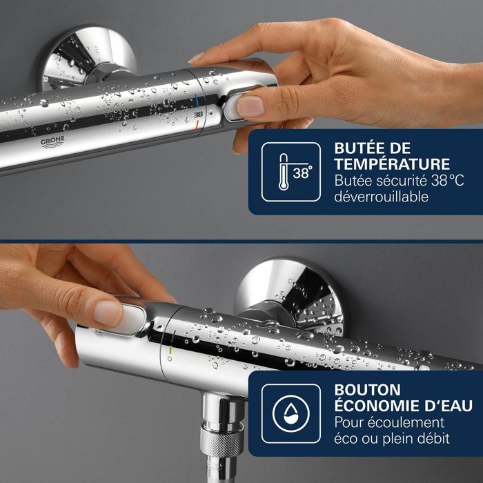 Grohe thermostatic mixer shower Precision Flow, Wall mounting, anti-cross protection, 1/2 threaded connection, chrome, 34840000