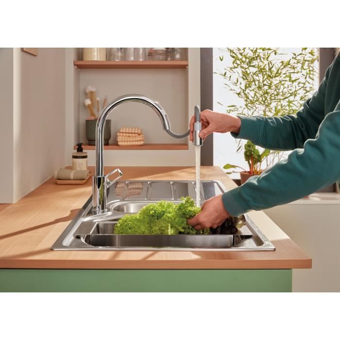 Kitchen faucet - Single lever sink mixer - Chrome - High C-shaped spout - Pull-out aerator - GROHE StartLoop - 30556000