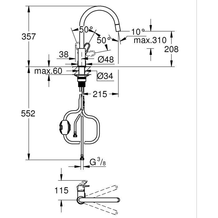 Kitchen faucet - Chrome - High C-shaped spout - Pull-out aerator - 360° rotation - Flow limiter - GROHE Start Flow - 30569000