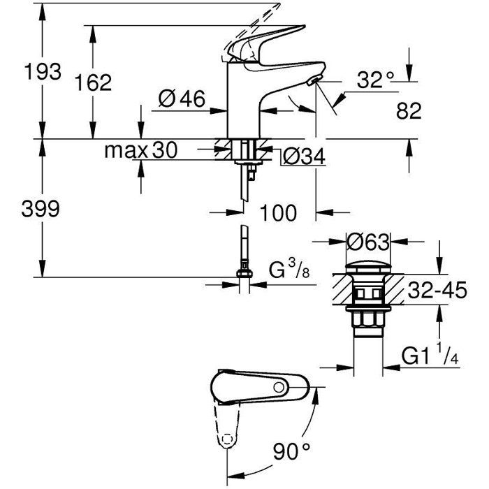 Single-lever basin mixer - GROHE Swift - 24323001 - Chrome - Size S - Cold water opening - Water saving - Click-clack waste