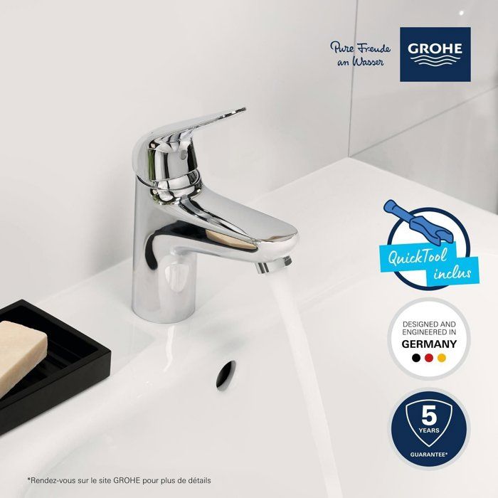 Single-lever basin mixer - GROHE Swift - 24323001 - Chrome - Size S - Cold water opening - Water saving - Click-clack waste