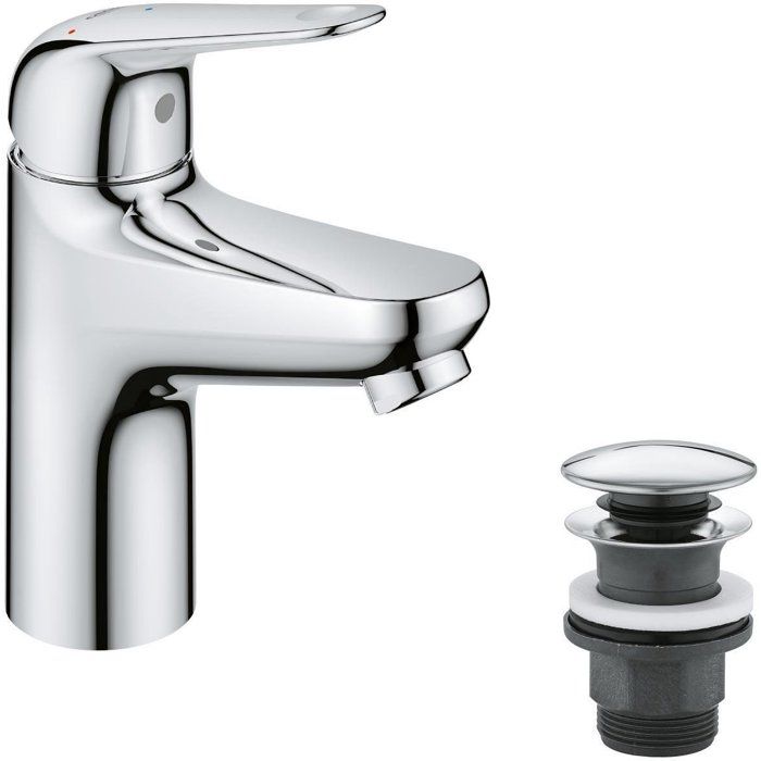 Single-lever basin mixer - GROHE Swift - 24323001 - Chrome - Size S - Cold water opening - Water saving - Click-clack waste