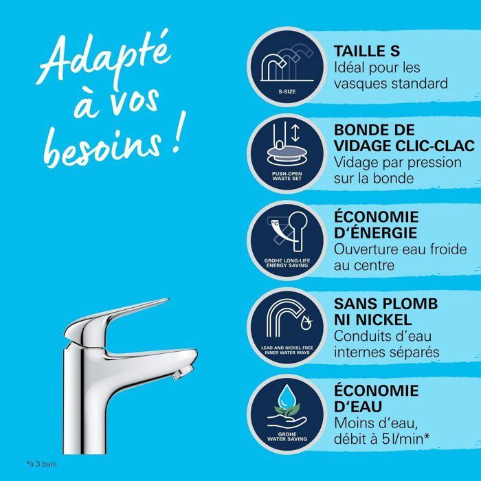 Single-lever basin mixer - GROHE Swift - 24323001 - Chrome - Size S - Cold water opening - Water saving - Click-clack waste