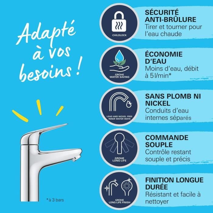 Single-lever mixer - GROHE - 24327001 - Swift washbasin - With child safety - Size M