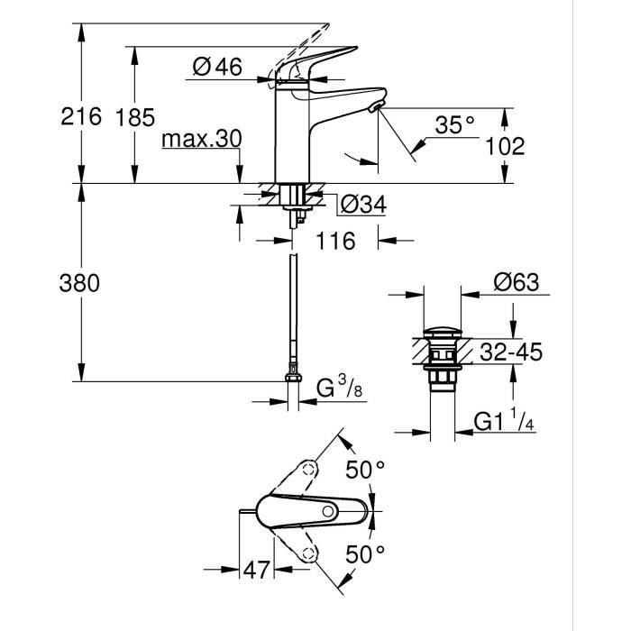 Single-lever mixer - GROHE - 24327001 - Swift washbasin - With child safety - Size M