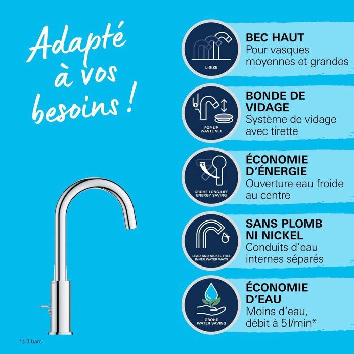 Single-lever basin mixer - GROHE Swift - 24330001 - Chrome - Size L - High spout - Water saving
