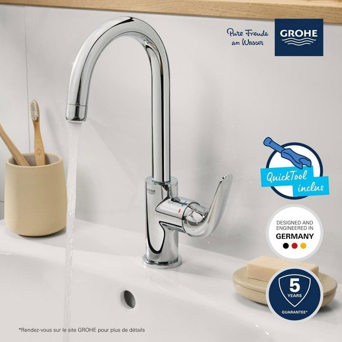 Single-lever basin mixer - GROHE Swift - 24330001 - Chrome - Size L - High spout - Water saving