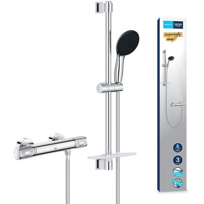 Shower set with thermostatic mixer, 3-jet shower head, 60cm bar and flexible hose - GROHE 34791001 - Water saving - Chrome