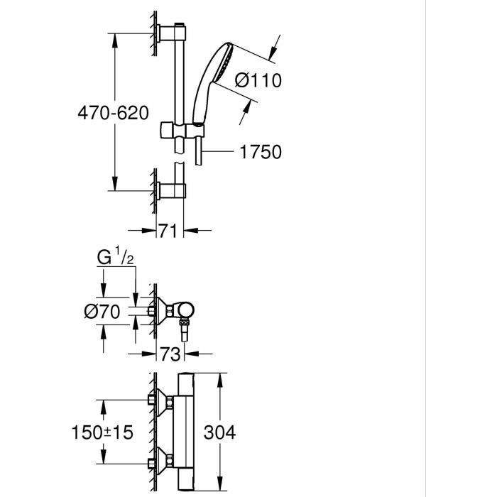 Shower set with thermostatic mixer, 1 jet shower head, 60cm bar and flexible hose - GROHE 34597001 - Water saving - Chrome