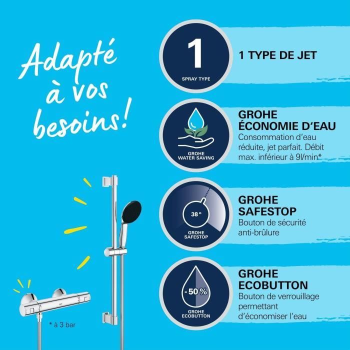 Shower set with thermostatic mixer, 1 jet shower head, 60cm bar and flexible hose - GROHE 34597001 - Water saving - Chrome