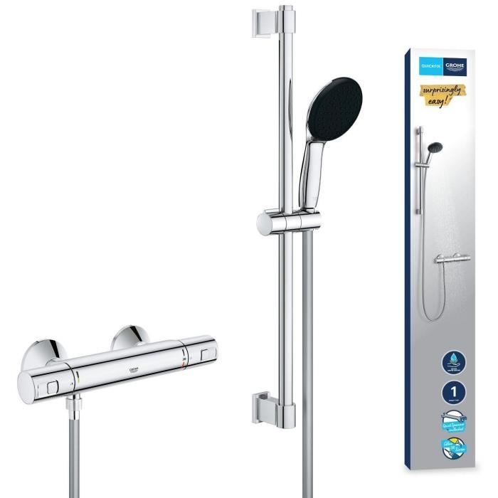 Shower set with thermostatic mixer, 1 jet shower head, 60cm bar and flexible hose - GROHE 34597001 - Water saving - Chrome