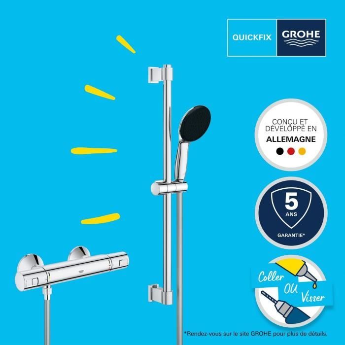 Shower set with thermostatic mixer, 1 jet shower head, 60cm bar and flexible hose - GROHE 34597001 - Water saving - Chrome