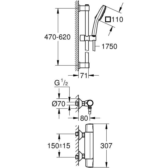 Shower set with thermostatic mixer, 3-jet shower head, 60cm bar and flexible hose - GROHE 34237003 - Water saving - Chrome