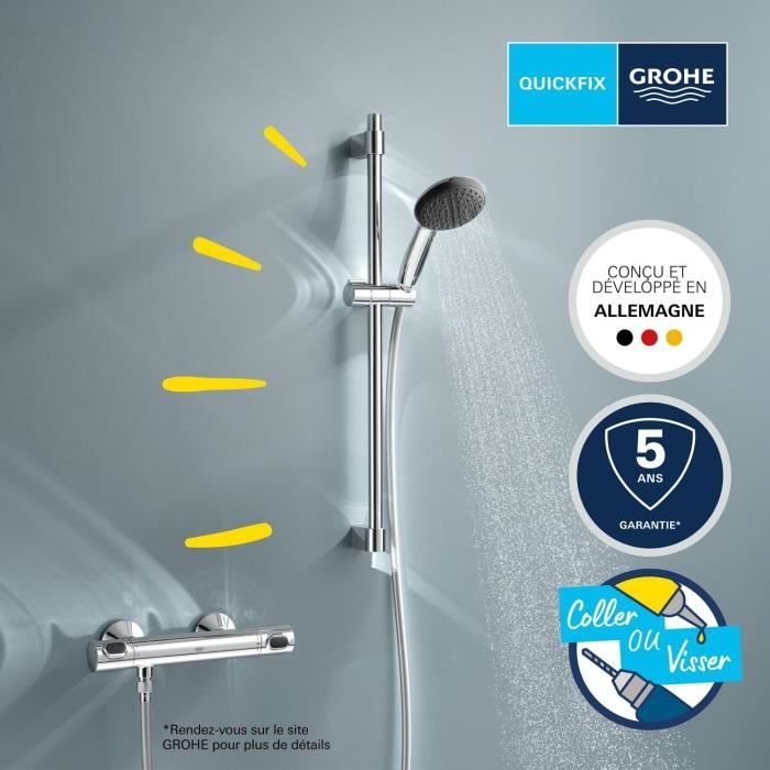 Shower set with thermostatic mixer, 1 jet shower head, 60cm bar and flexible hose - GROHE 34800001 - Water saving - Chrome