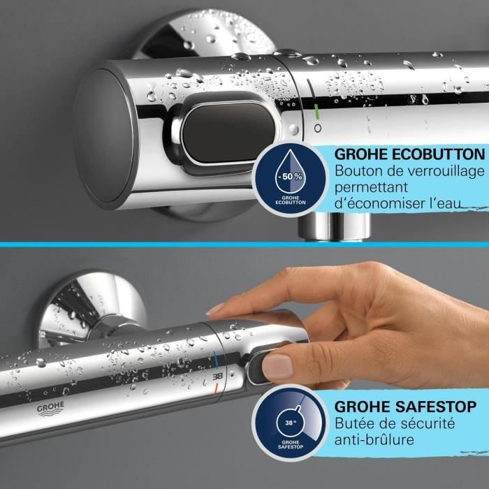 Shower set with thermostatic mixer, 1 jet shower head, 60cm bar and flexible hose - GROHE 34800001 - Water saving - Chrome