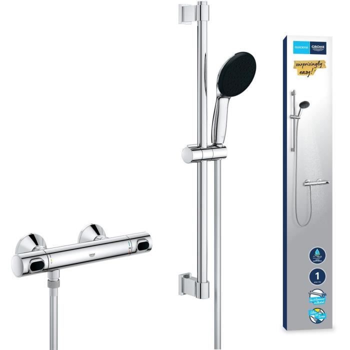 Shower set with thermostatic mixer, 1 jet shower head, 60cm bar and flexible hose - GROHE 34800001 - Water saving - Chrome