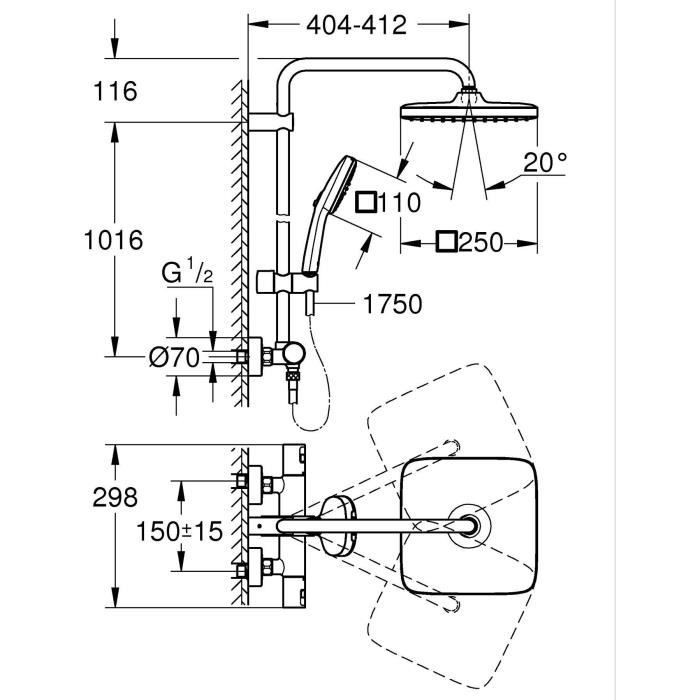 Shower column with thermostatic mixer - Water saving - GROHE Vitalio Comfort 250 - Chrome - 26696001