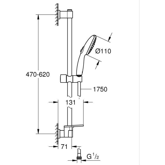 Shower set with 2 jets shower head, 60cm bar, flexible hose and shelf - GROHE Vitalio Start 110 26952001 - Water saving - Chrome