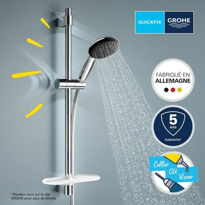 Shower set with 2 jets shower head, 60cm bar, flexible hose and shelf - GROHE Vitalio Start 110 26952001 - Water saving - Chrome