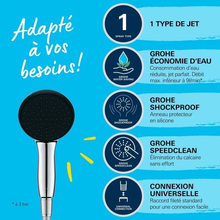Flexible set and 1 jet shower head (Rain) - GROHE Vitalio Start 110 26720001 - Easy selection - Water saving